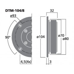 Monacor DTM-104/8 Kopułkowe głośniki wysokotonowe, 45W&ltsub&gtRMS&lt/sub&gt, 8Ω (/8) oraz 4Ω (/4)